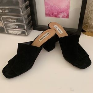 Black suede mules slip-on block heels
